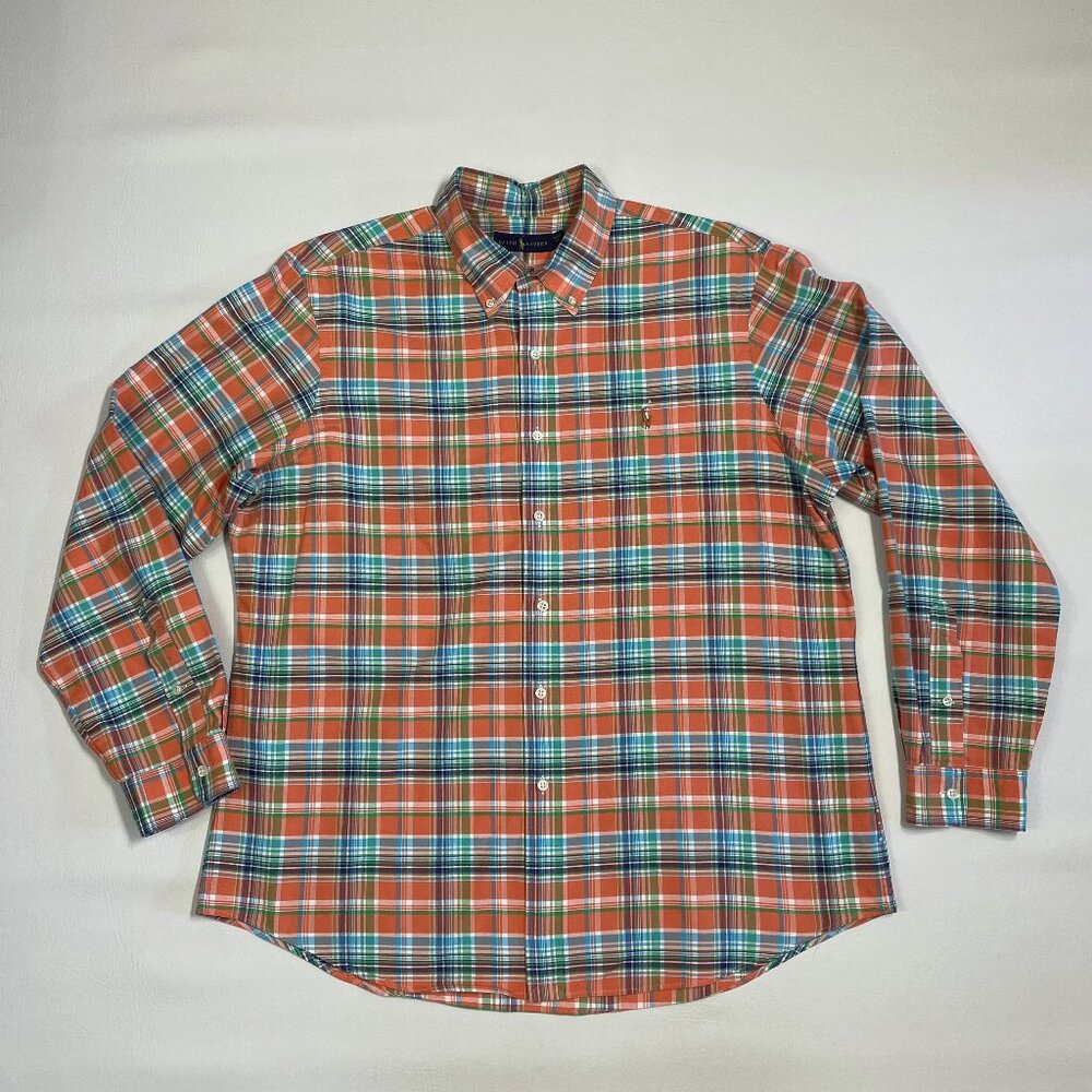 Ralph Lauren Shirt Men's XL Colorful Orange Plaid 100% Cotton Preppy Flesh Pony